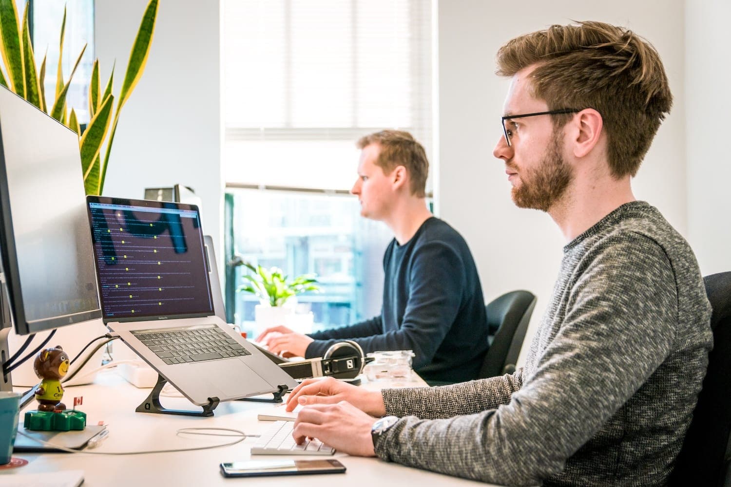 Image shows two men working at desks by an open window surrounded by plants.